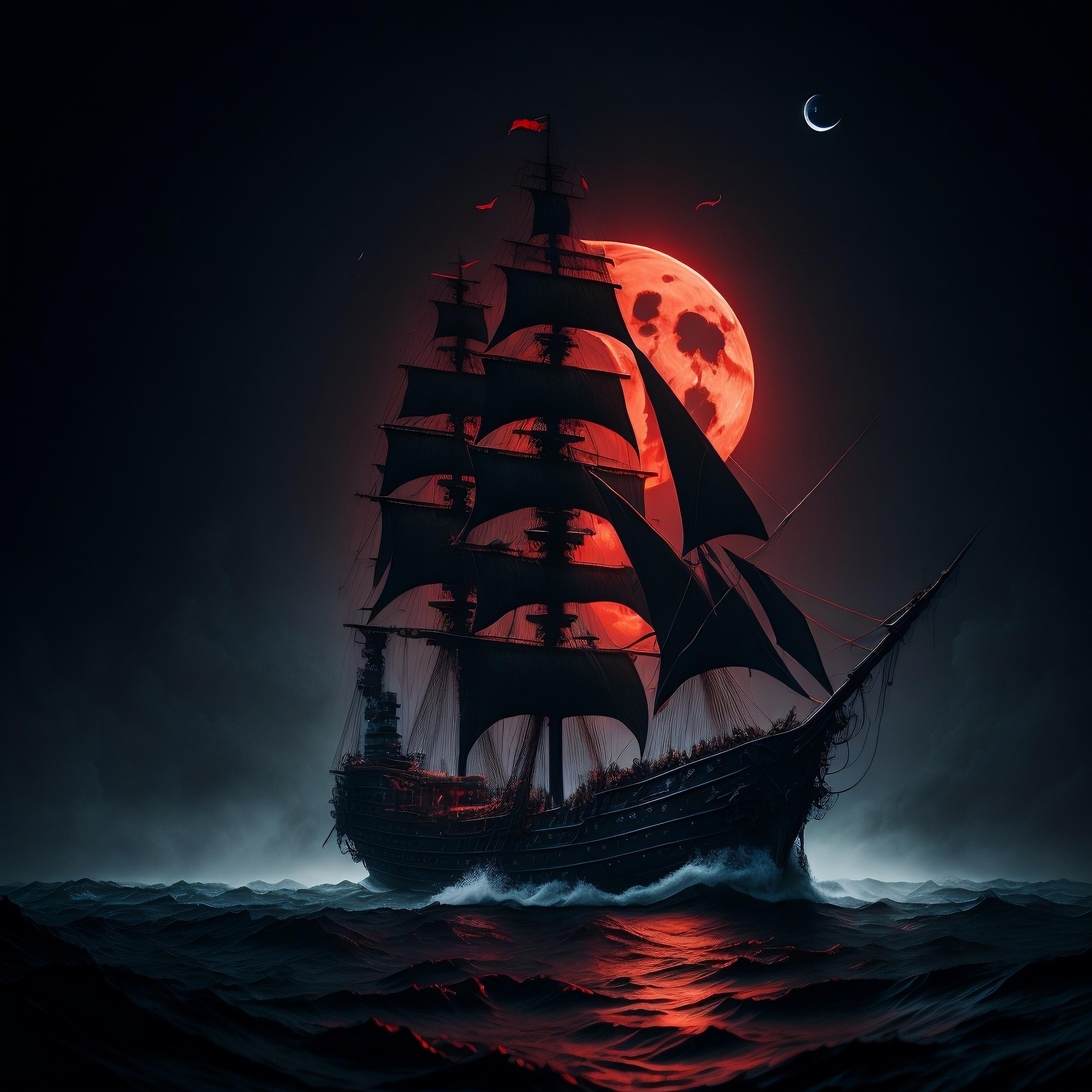 Ghostly pirate ship under a red moon